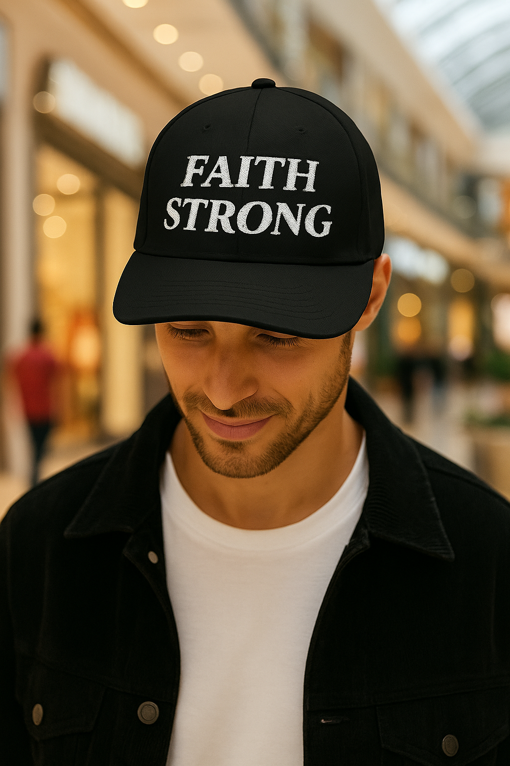 Man wearing a black cap with 'Faith Strong' text in a mall setting by ReBirth Living