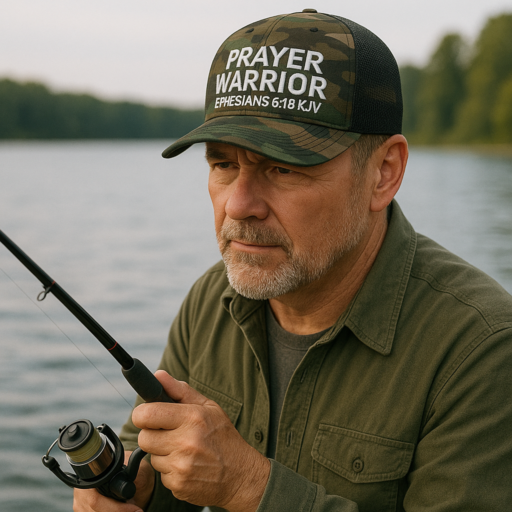 A person wearing a camo trucker hat with 'Prayer Warrior Ephesians 6:18 KJV' embroidered on the front, holding a fishing rod by ReBirth Living