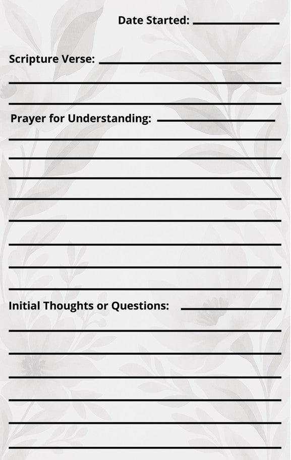Blank sheet with lines for writing scripture verse, prayer, and thoughts on a white background. Unfolding Truth: A Scripture Reflection Journal – Christian devotional notebook to grow spiritually, reflect deeply, and walk daily in God’s Word by ReBirth Living