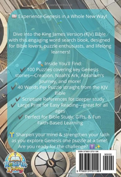 Back cover of a book titled 'Experience Genesis in a Whole New Way' with puzzle design and text.