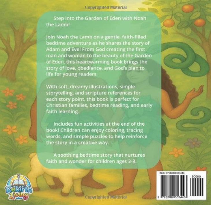 Book cover with green text box and colorful illustration of a lamb and trees. Noah the Lamb and the Garden of Eden – bedtime story of Adam and Eve based on the KJV Bible, from Noah the Lamb’s Bedtime Bible Adventures by ReBirth Living