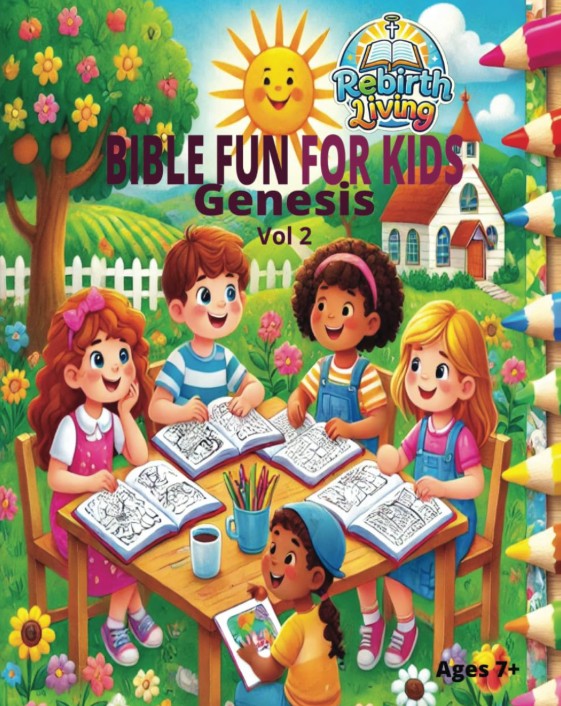 Children coloring books with crayons on a colorful background, featuring the title 'Bible Fun for Kids: Genesis Vol 2' by Rebirth Living. Bible Fun for Kids Activity Book Series – Genesis children’s Bible activity and puzzle book by ReBirth Living