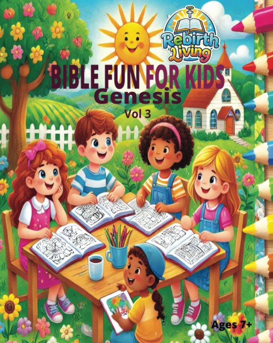 Book cover of 'Bible Fun for Kids: Genesis Vol 3' with children at a table, colorful pencils, and a bright sun by ReBirth Living.