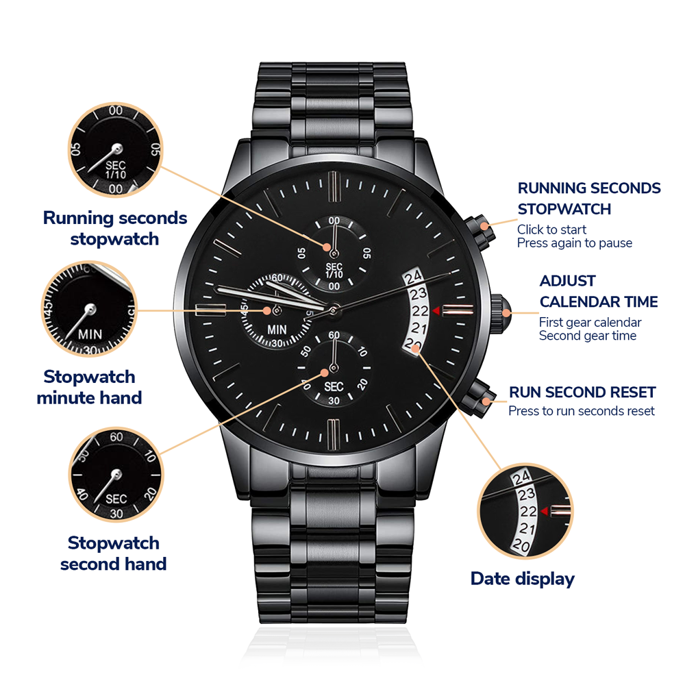 Engraved Black Chronograph Watch for Men – Christian Gift with Psalm 37:23 for Men of Faith
