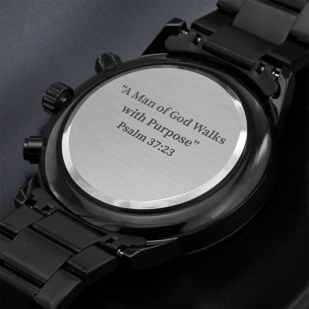 Engraved Black Chronograph Watch for Men – Christian Gift with Psalm 37:23 for Men of Faith