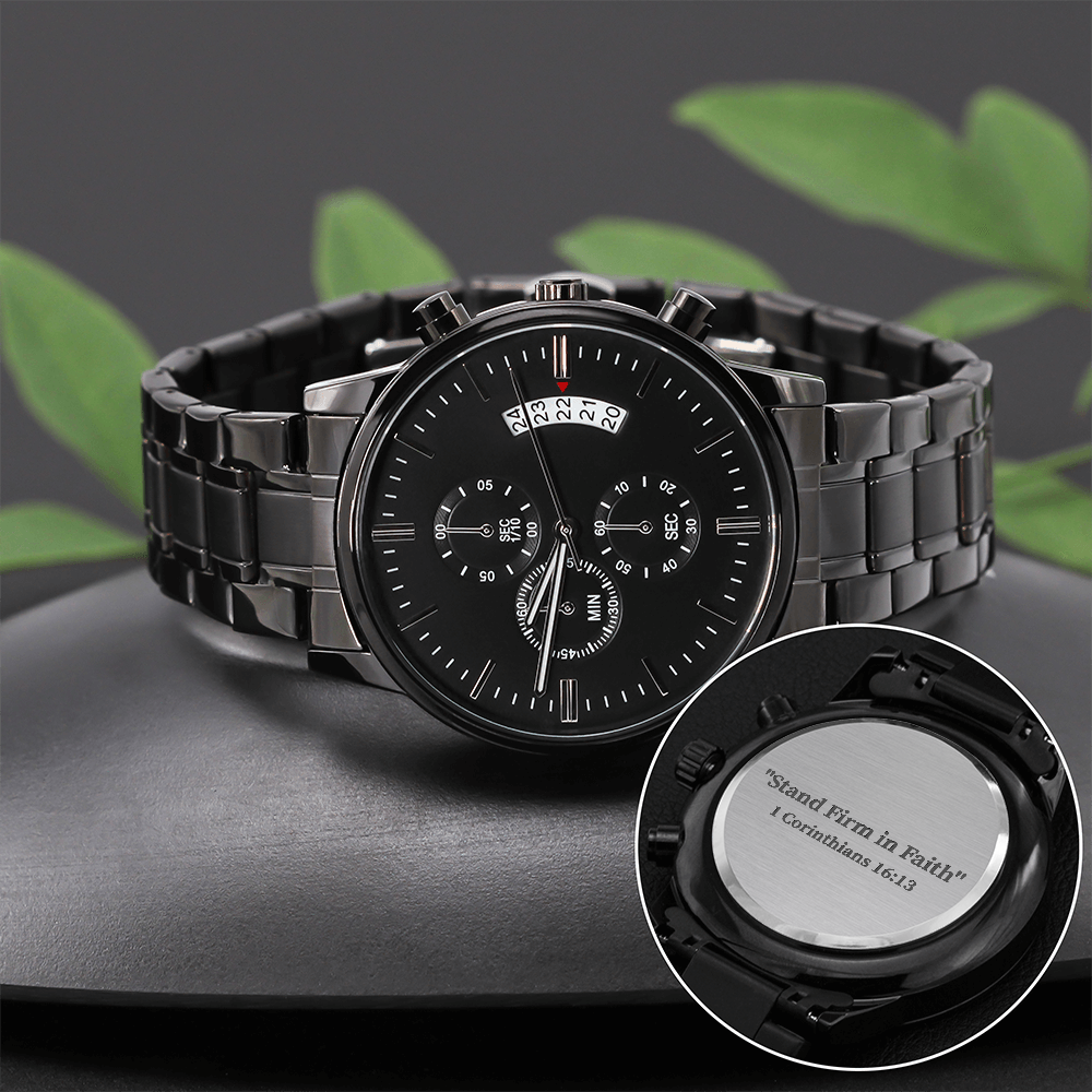Stand Firm in Faith engraved chronograph watch – 1 Corinthians 16:13 KJV scripture timepiece, men’s Christian gift by ReBirth Living