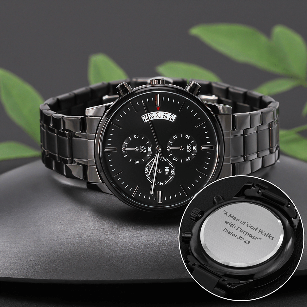 Engraved Black Chronograph Watch for Men – Christian Gift with Psalm 37:23 for Men of Faith