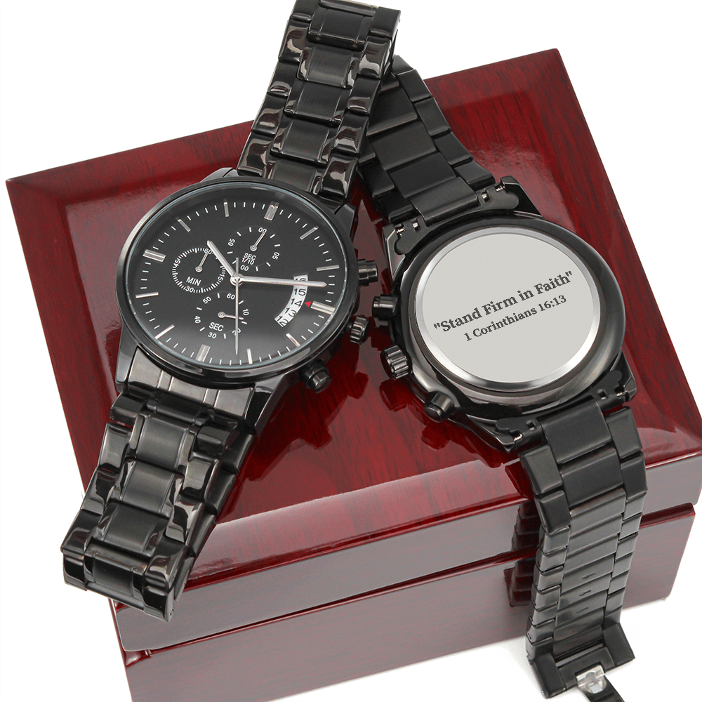 Stand Firm in Faith engraved chronograph watch – 1 Corinthians 16:13 KJV scripture timepiece, men’s Christian gift by ReBirth Living