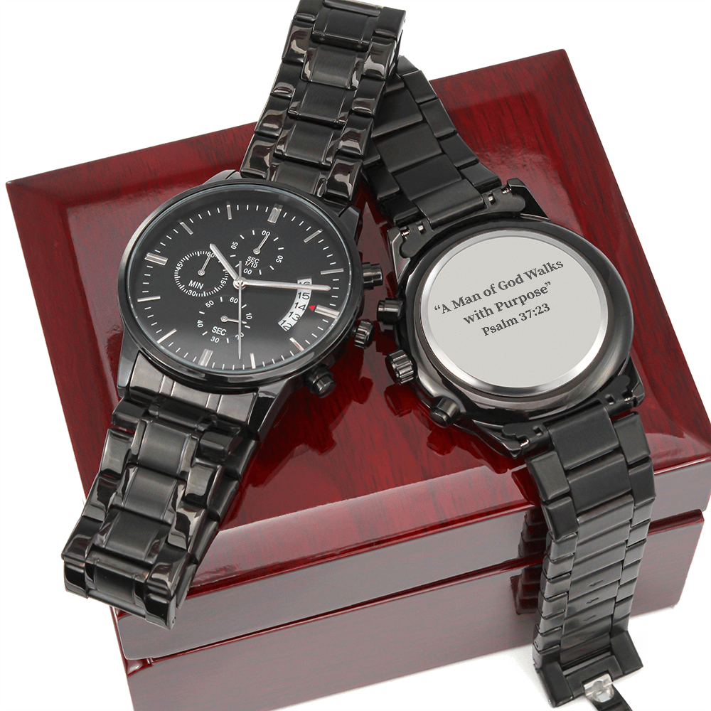 Engraved Black Chronograph Watch for Men – Christian Gift with Psalm 37:23 for Men of Faith