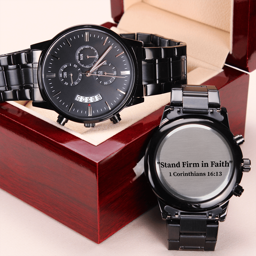 Stand Firm in Faith engraved chronograph watch – 1 Corinthians 16:13 KJV scripture timepiece, men’s Christian gift by ReBirth Living