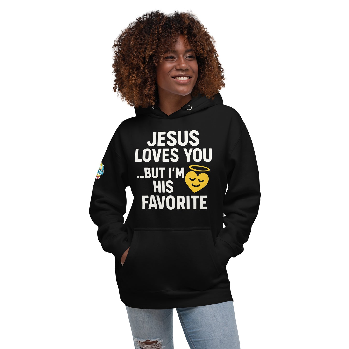 Faith-based hoodie, black, "Jesus Loves You But I'm His Favorite" – ReBirth Living