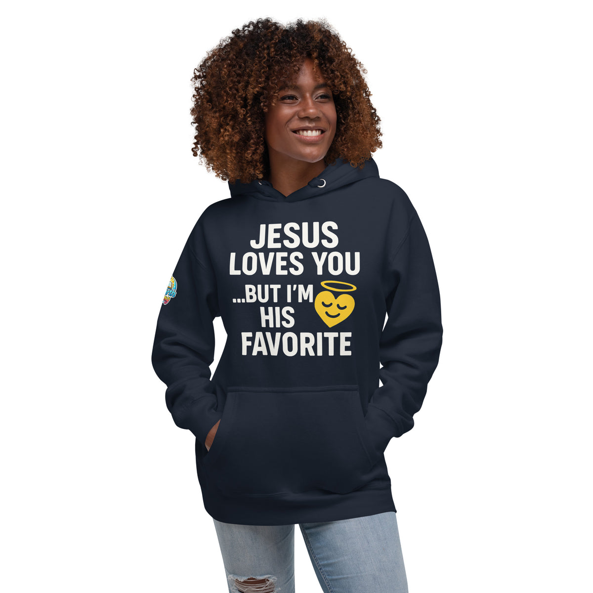 Faith-based hoodie, navy, "Jesus Loves You But I'm His Favorite" – ReBirth Living