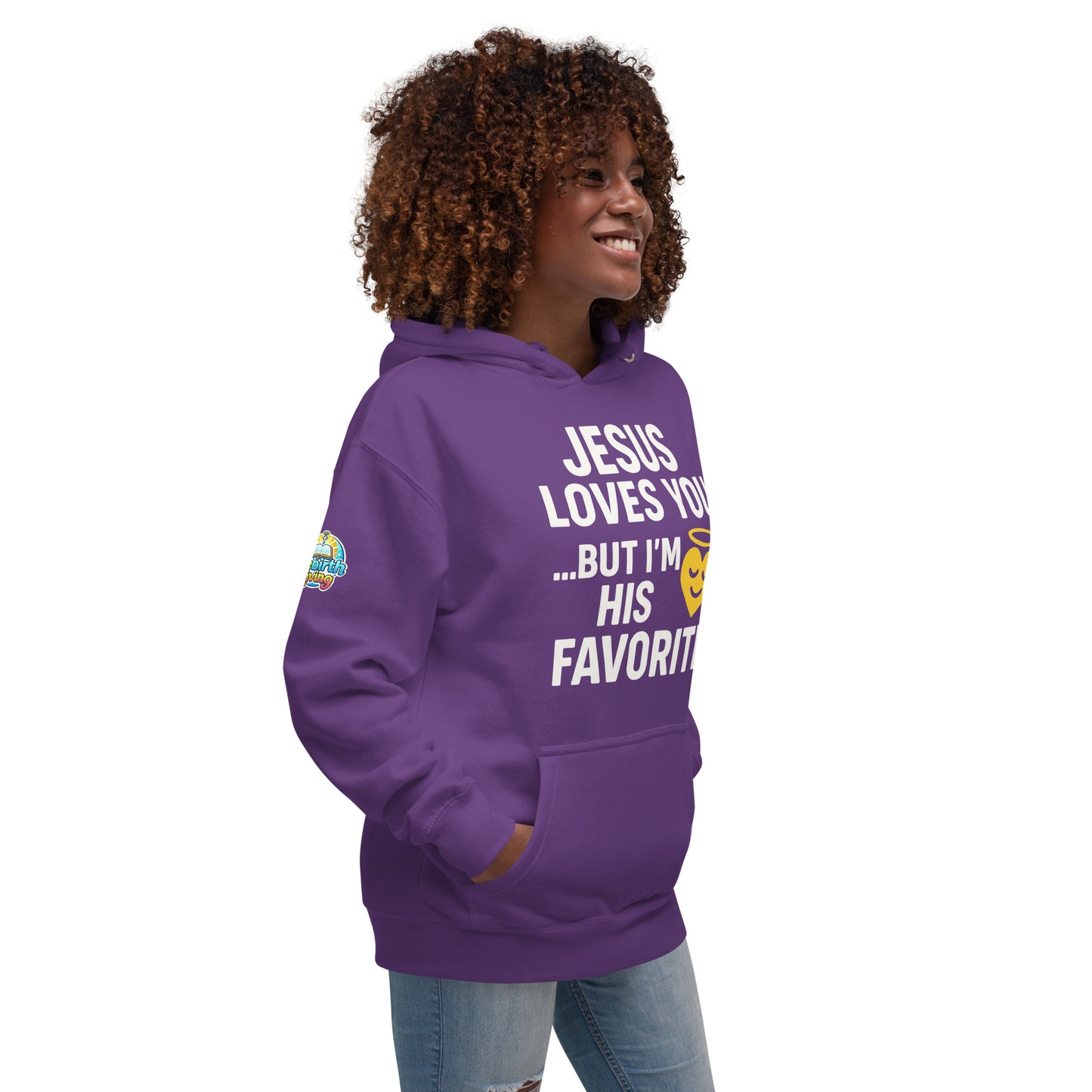 Faith-based hoodie, purple, "Jesus Loves You But I'm His Favorite" – ReBirth Living