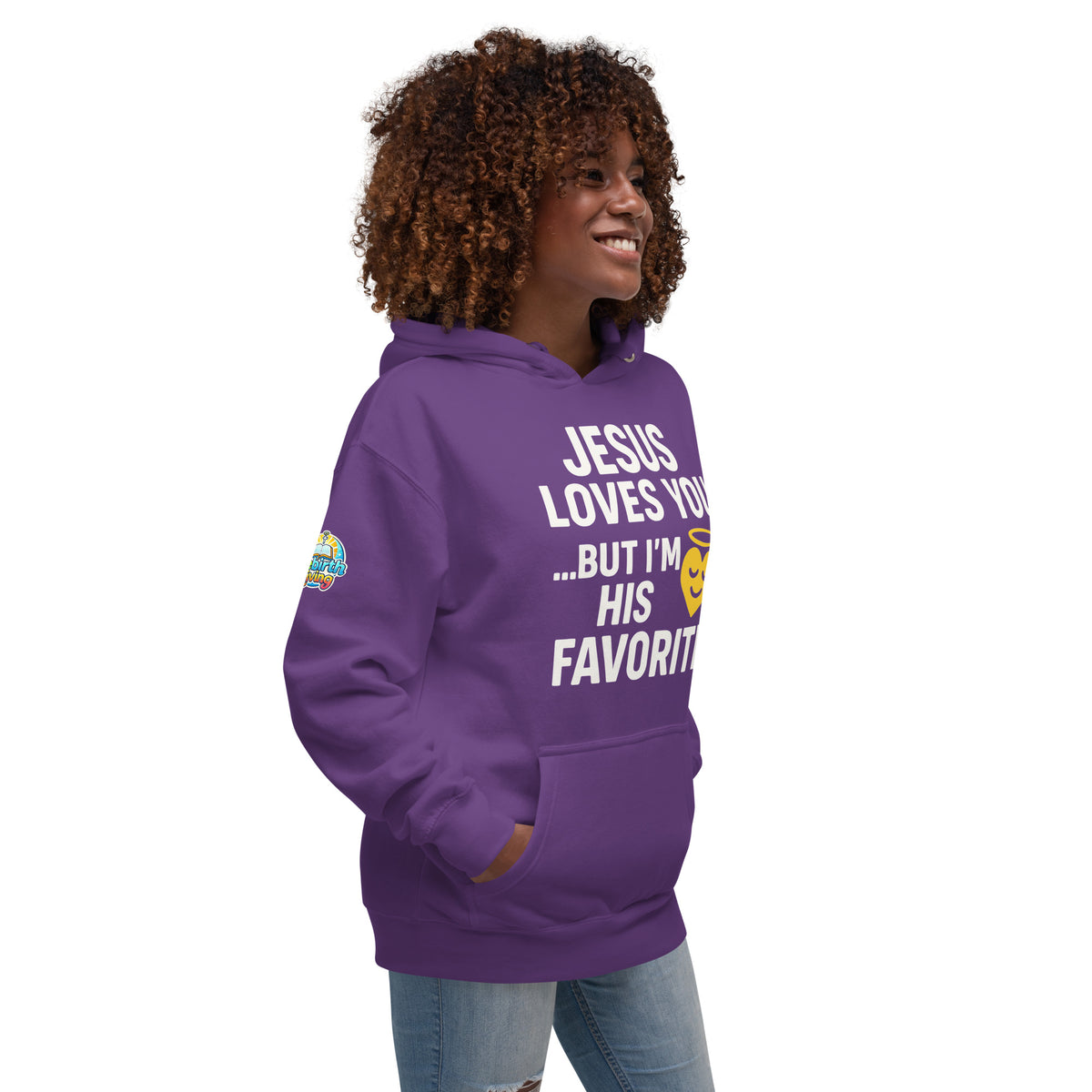 Faith-based hoodie, purple, "Jesus Loves You But I'm His Favorite" – ReBirth Living