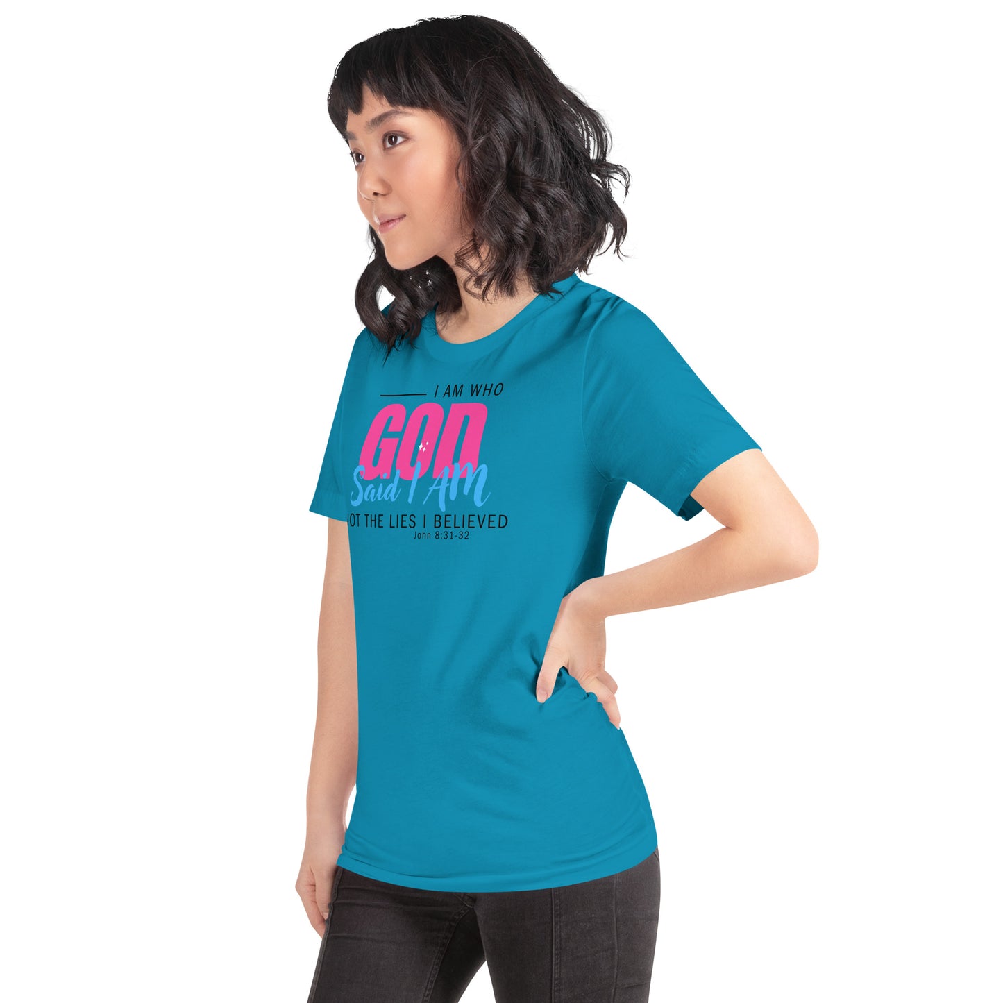 I Am Who God Says I Am unisex Christian t-shirt – John 8:31–32 KJV scripture design, aqua, faith-based apparel by ReBirth Living