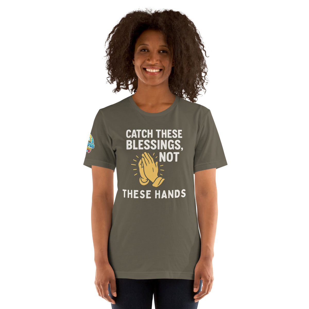 Model showcasing a Catch These Blessings, Not These Hands – funny Christian t-shirt, army, faith-based humor design with prayer hands by ReBirth Living