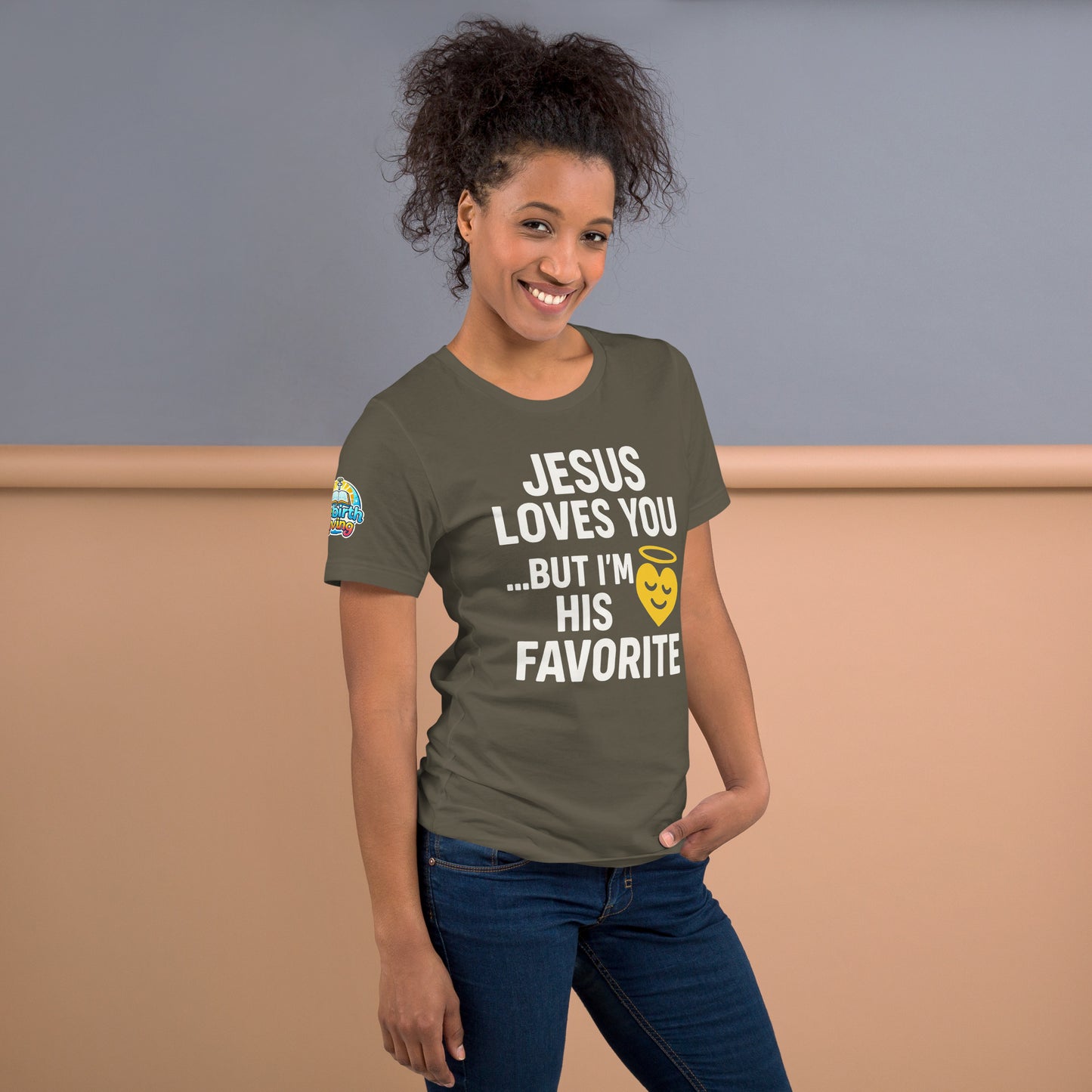 Model wearing “Jesus Loves You… But I’m His Favorite” – funny Christian t-shirt, army, faith humor design with golden smiling heart and halo by ReBirth Living
