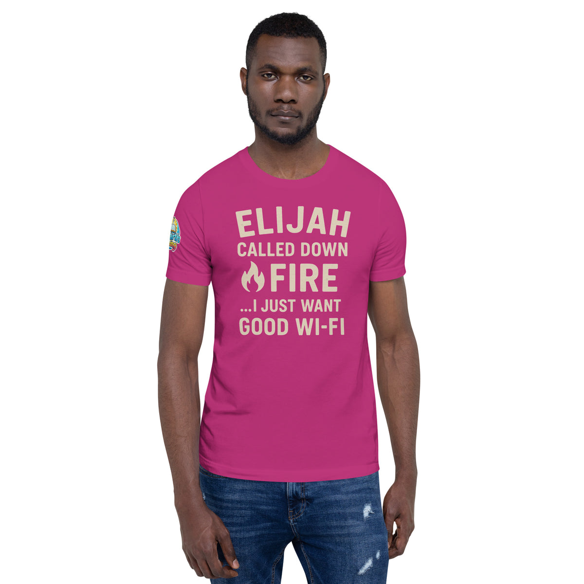 Model wearing a Elijah Called Down Fire… I Just Want Good Wi-Fi – funny Christian t-shirt, berry, Bible humor design by ReBirth Living
