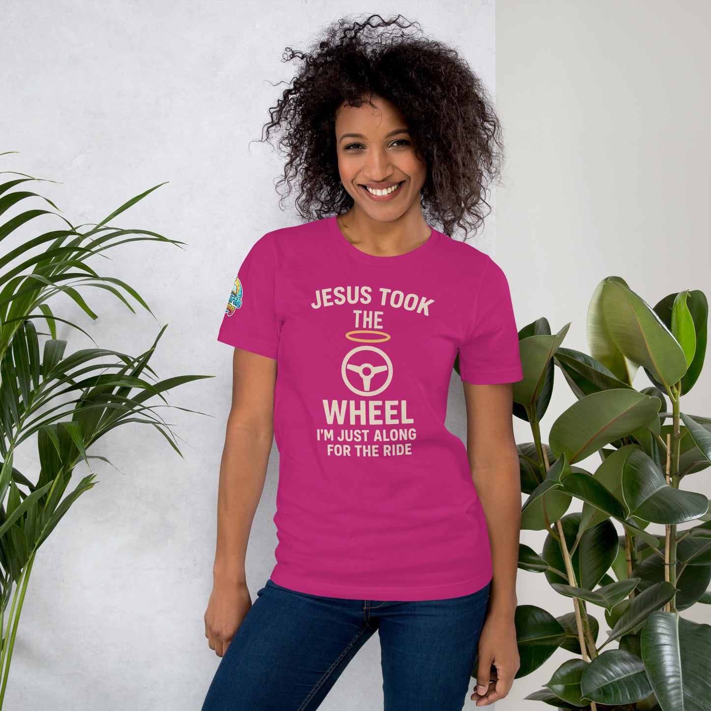 Model showcasing a Jesus Took the Wheel – I’m Just Along for the Ride – funny Christian t-shirt, berry, faith humor design by ReBirth Living