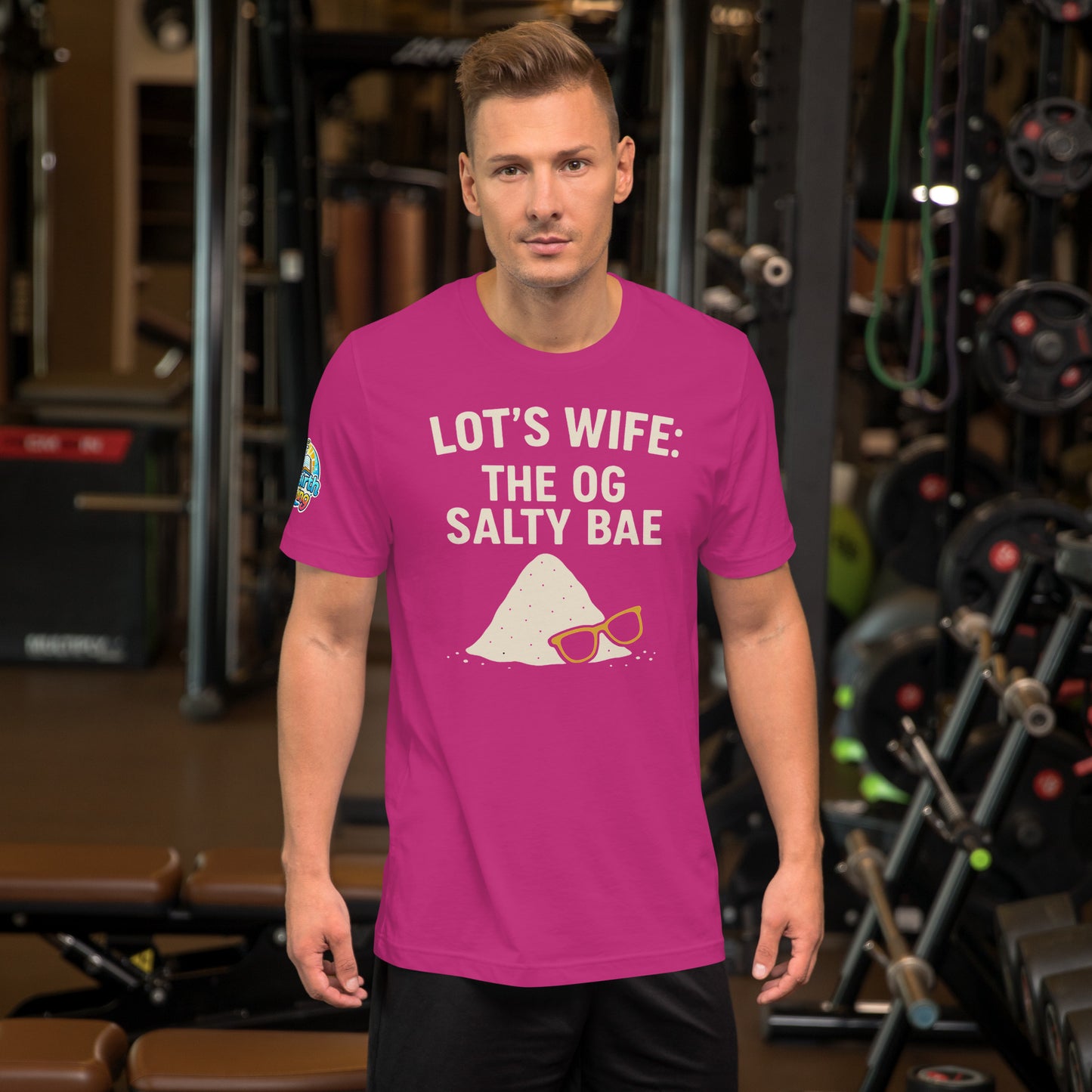 Model waring a Lot's Wife The OG Salty Bae – funny Christian t-shirt, berry, Bible humor design by ReBirth Living in a gym setting.