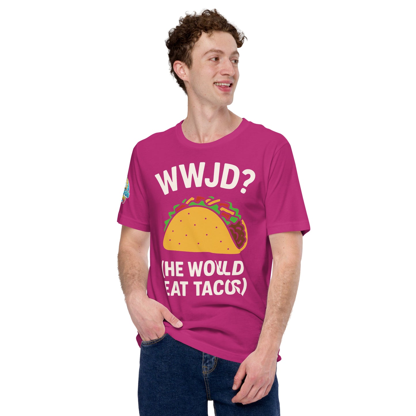 WWJD? (He Would Eat Tacos) – funny Christian t-shirt, berry, with humorous faith-based design by ReBirth Living