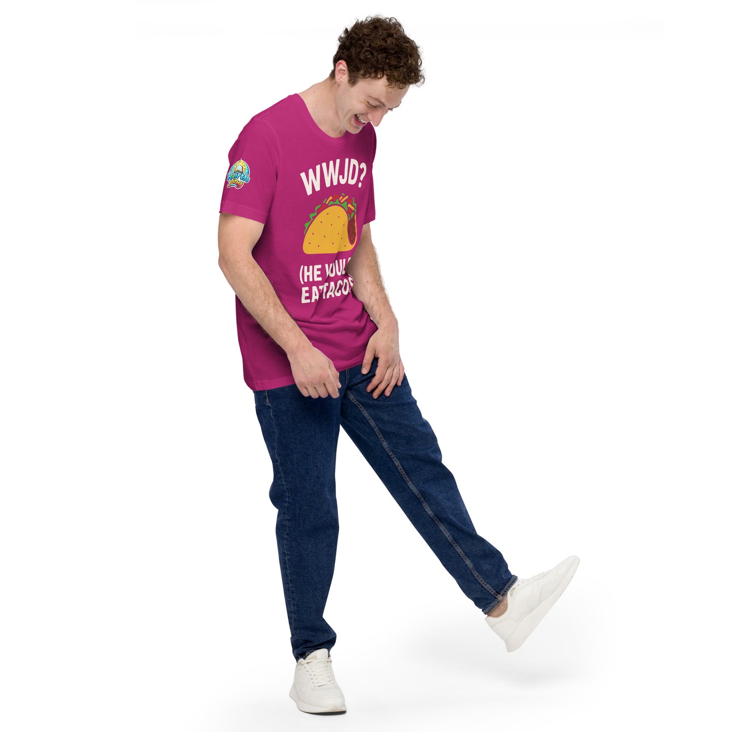WWJD? (He Would Eat Tacos) – funny Christian t-shirt, berry, with humorous faith-based design by ReBirth Living