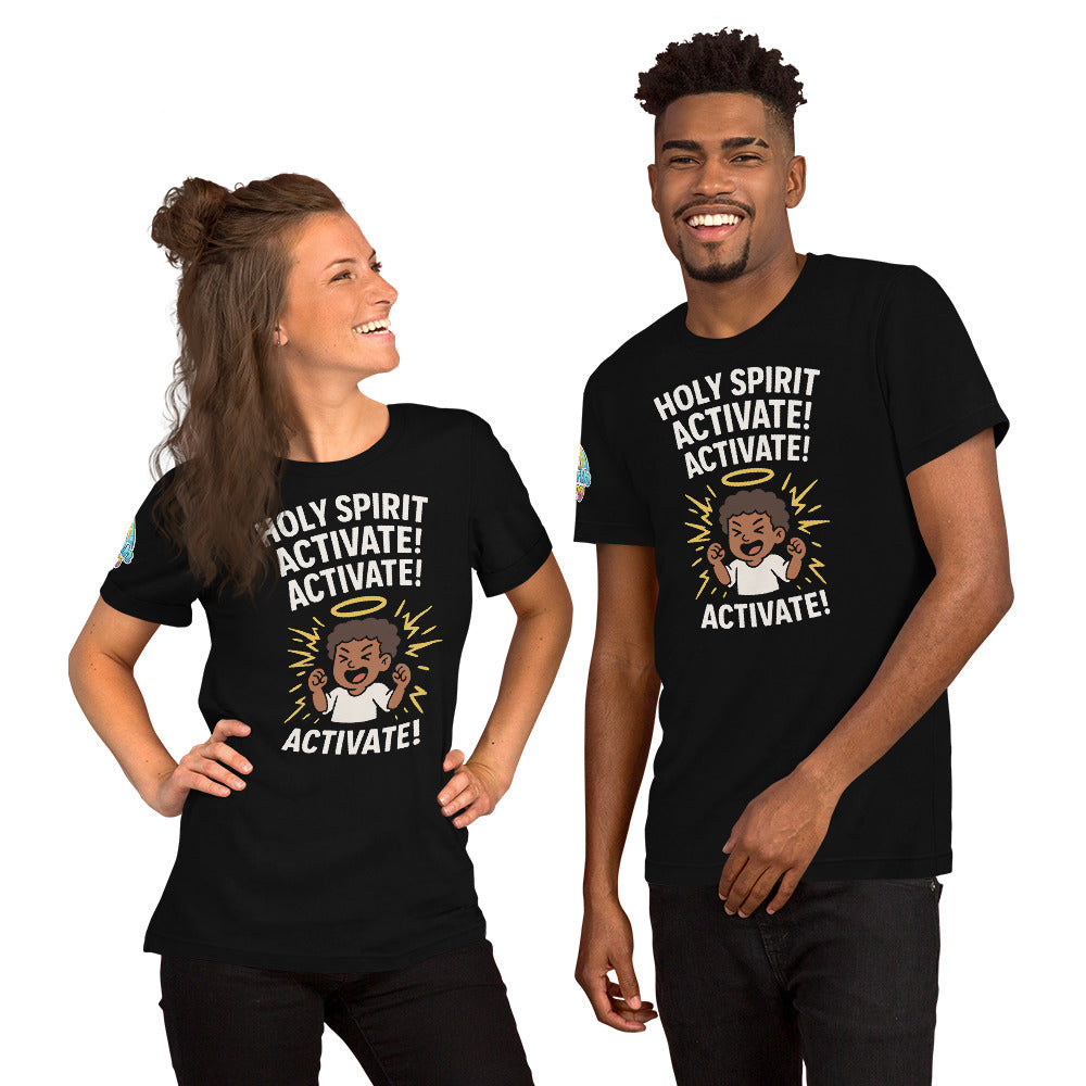 Models showcasing the Holy Spirit Activate! Activate! – funny Christian t-shirt, black, brown skin character design by ReBirth Living