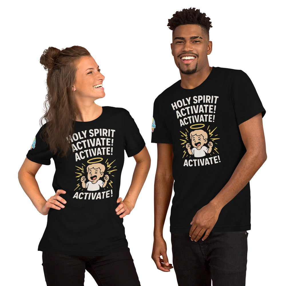 Models showcasing the Holy Spirit Activate! Activate! – funny Christian t-shirt, black, light skin character design by ReBirth Living