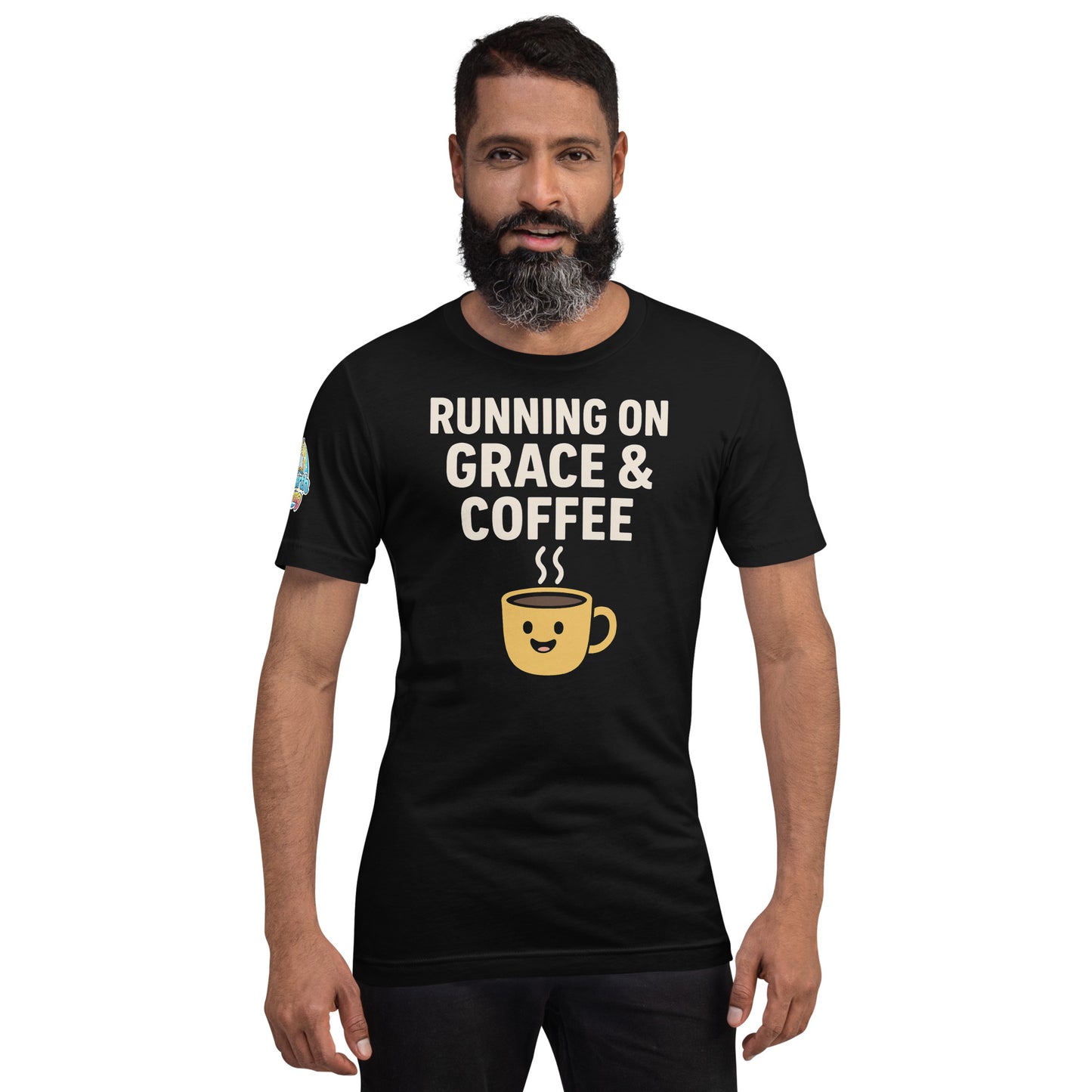 Running on Grace & Coffee – funny Christian t-shirt, black, faith-based humor design by ReBirth Living