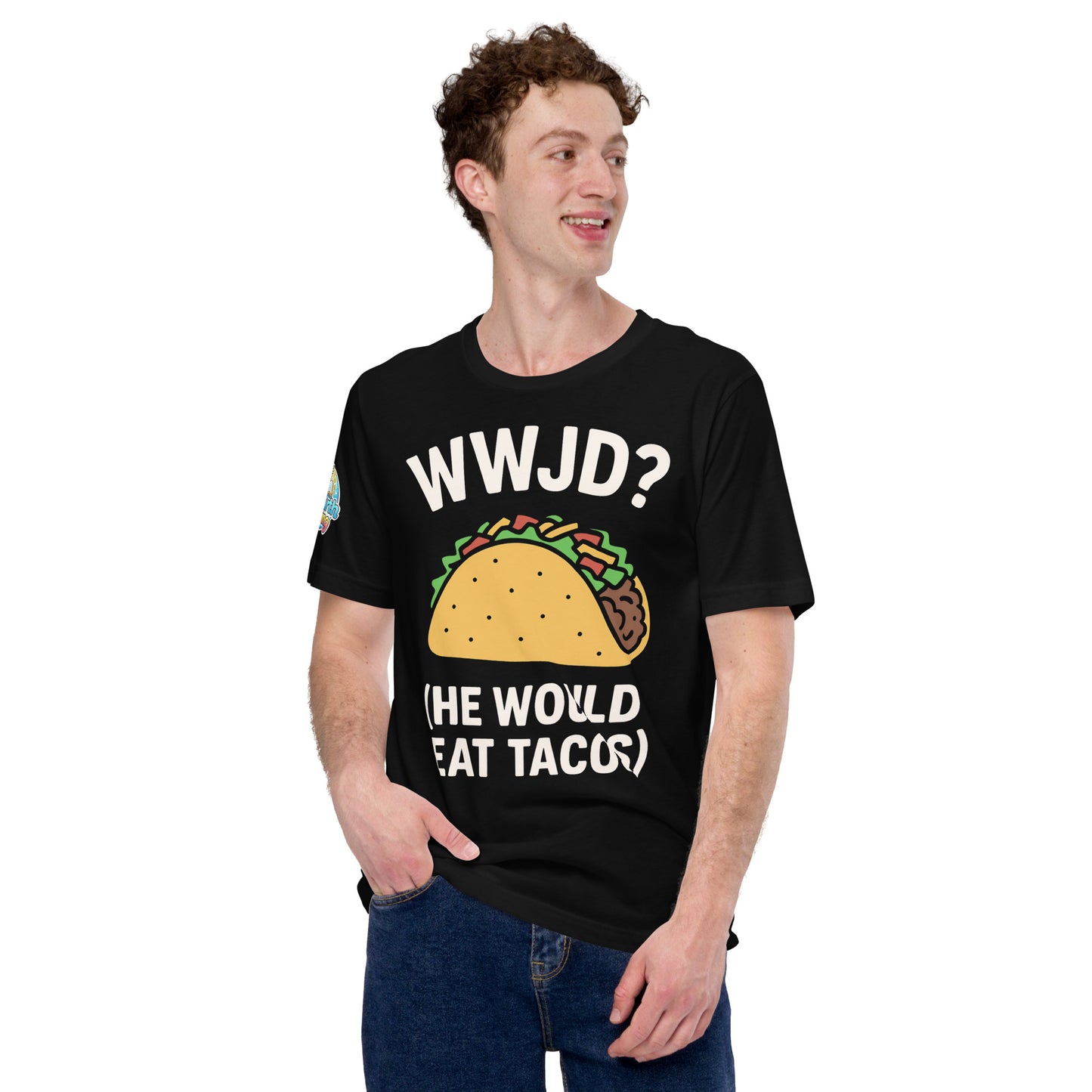 WWJD? (He Would Eat Tacos) – funny Christian t-shirt, black, with humorous faith-based design by ReBirth Living