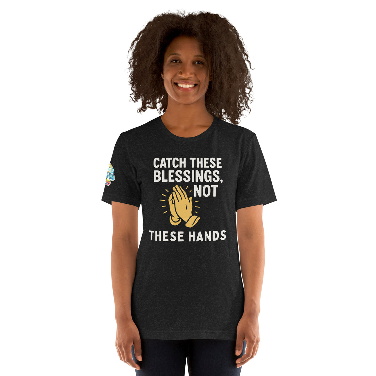 Model showcasing a Catch These Blessings, Not These Hands – funny Christian t-shirt, black heather, faith-based humor design by ReBirth Living