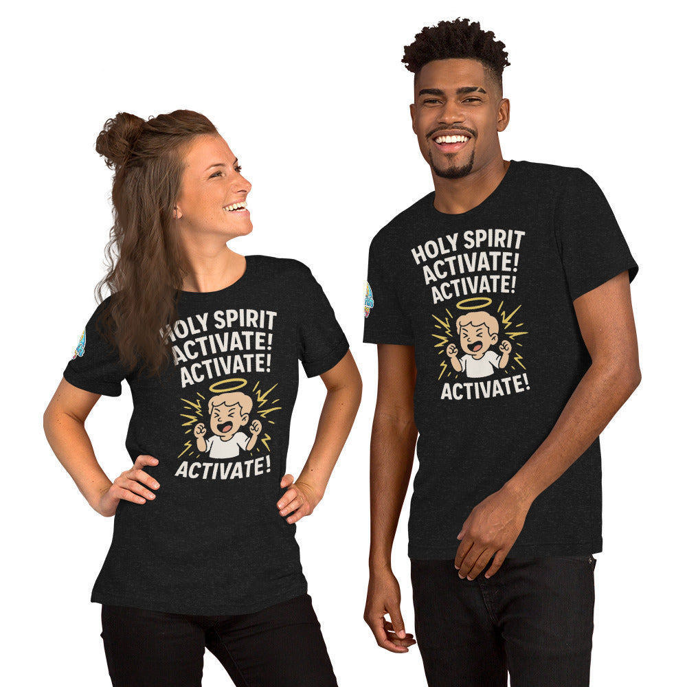 Models showcasing the Holy Spirit Activate! Activate! – funny Christian t-shirt, black heather, light skin character design by ReBirth Living