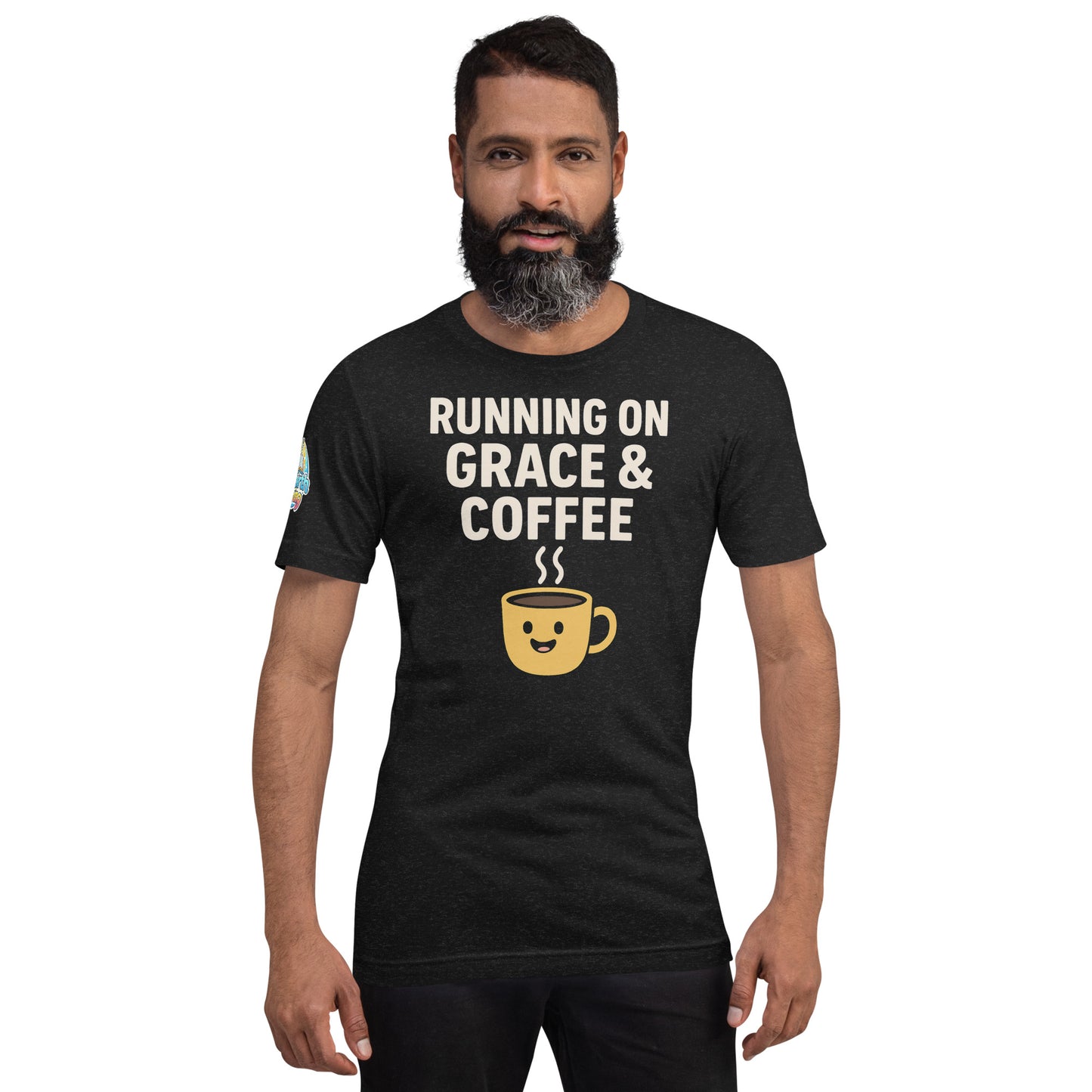 Running on Grace & Coffee – funny Christian t-shirt, black heather, faith-based humor design by ReBirth Living