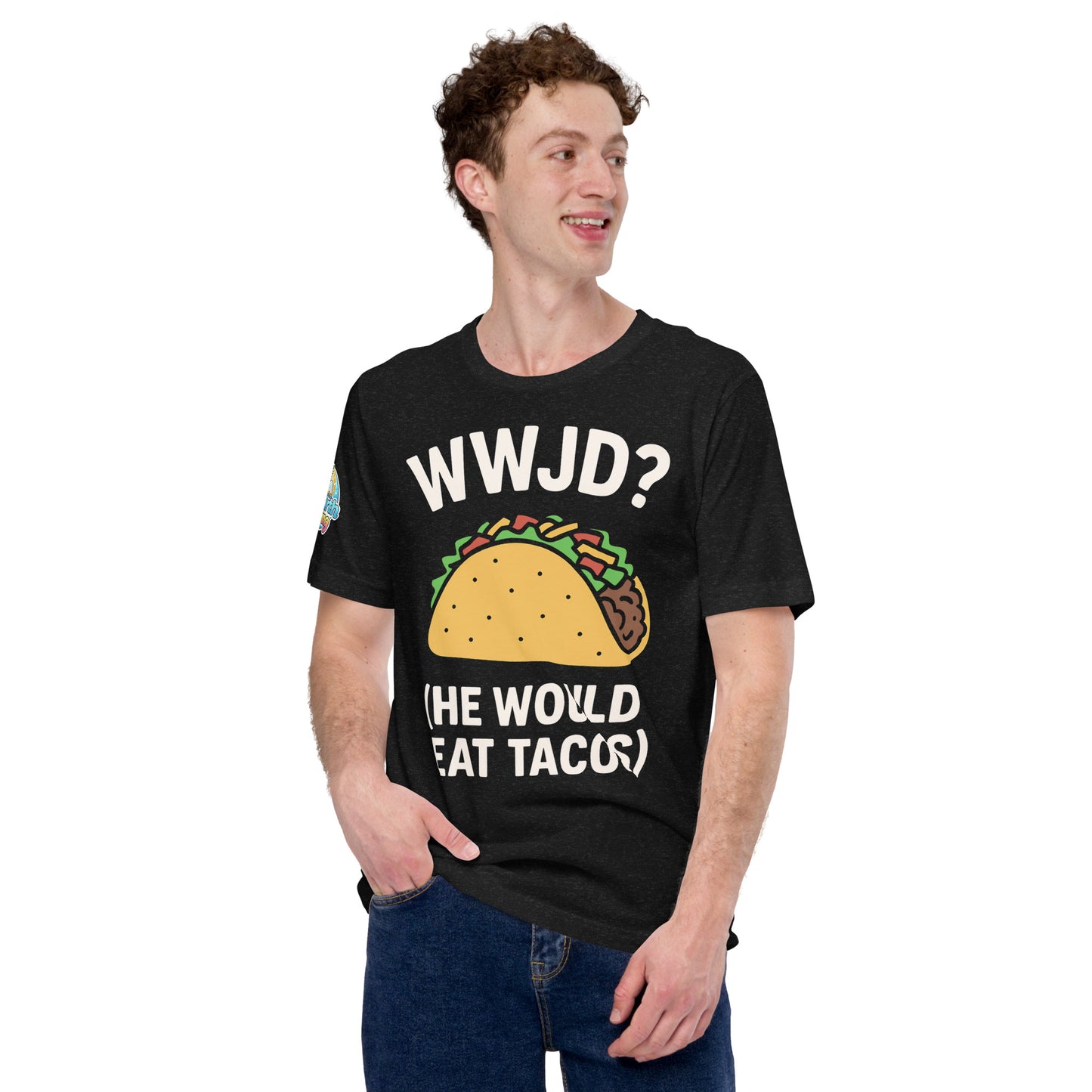 WWJD? (He Would Eat Tacos) – funny Christian t-shirt, black, with humorous faith-based design by ReBirth Living