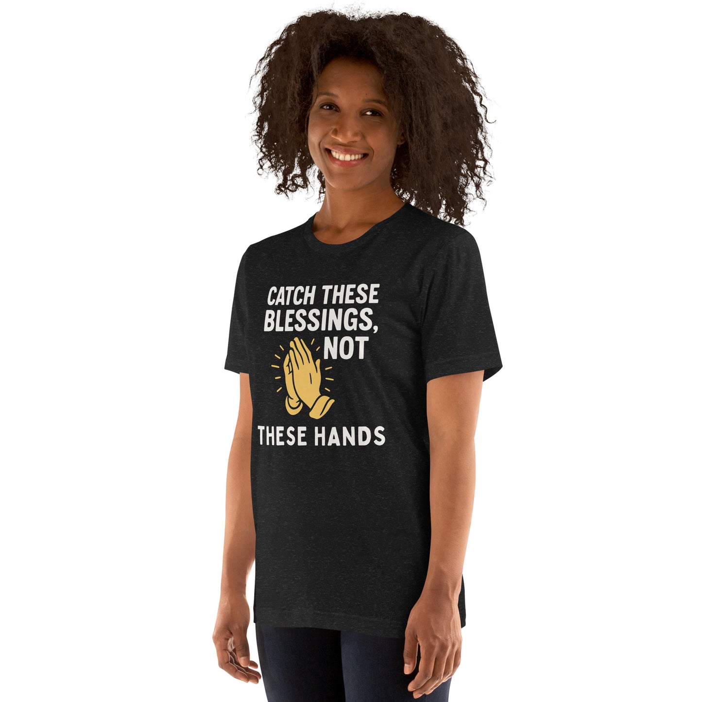 Model showcasing a Catch These Blessings, Not These Hands – funny Christian t-shirt, black heather, faith-based humor design by ReBirth Living