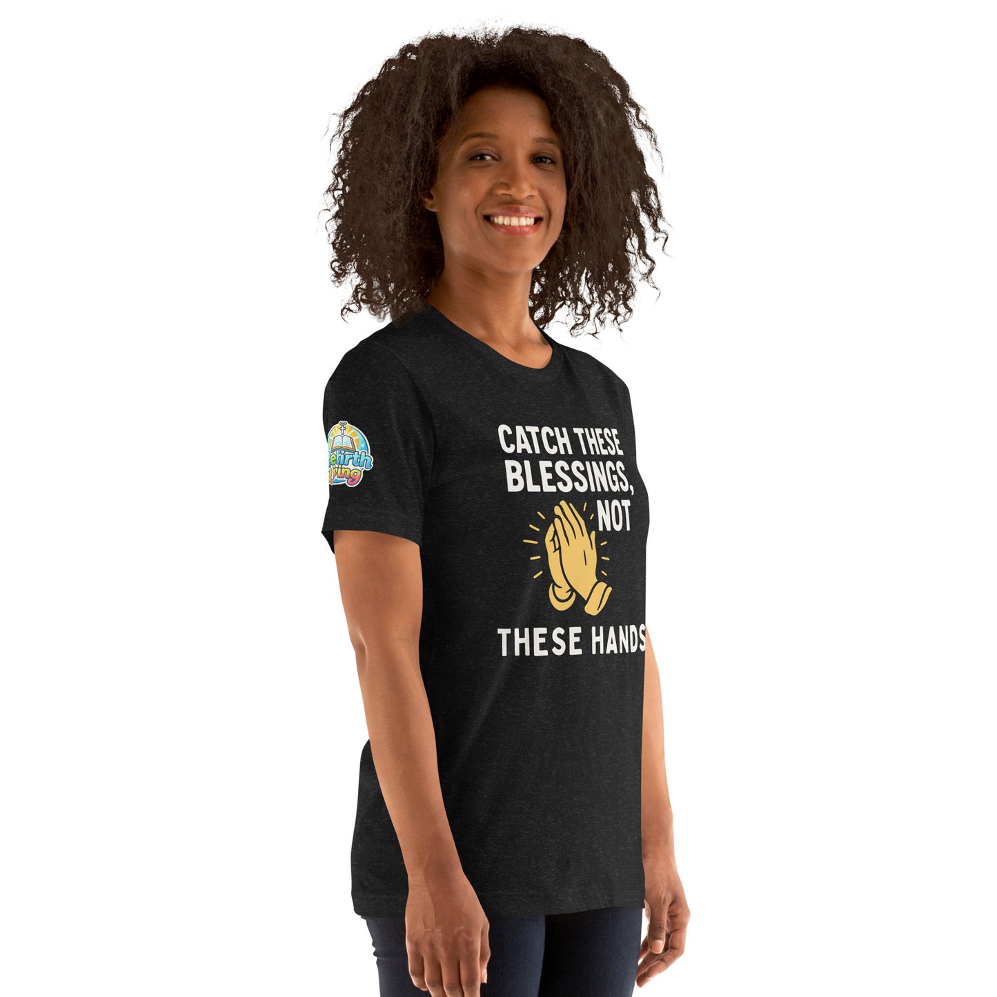 Model showcasing a Catch These Blessings, Not These Hands – funny Christian t-shirt, black heather, faith-based humor design by ReBirth Living