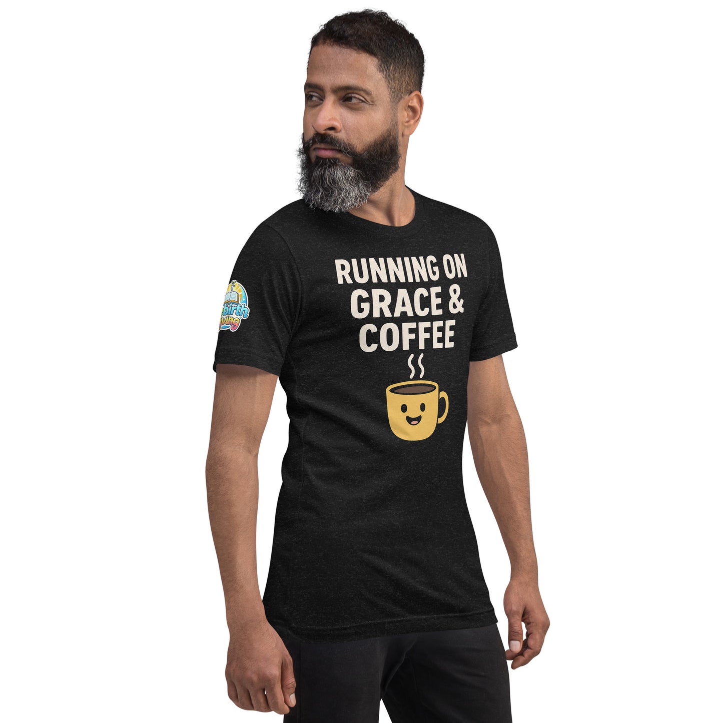 Running on Grace & Coffee – funny Christian t-shirt, black heather, faith-based humor design by ReBirth Living