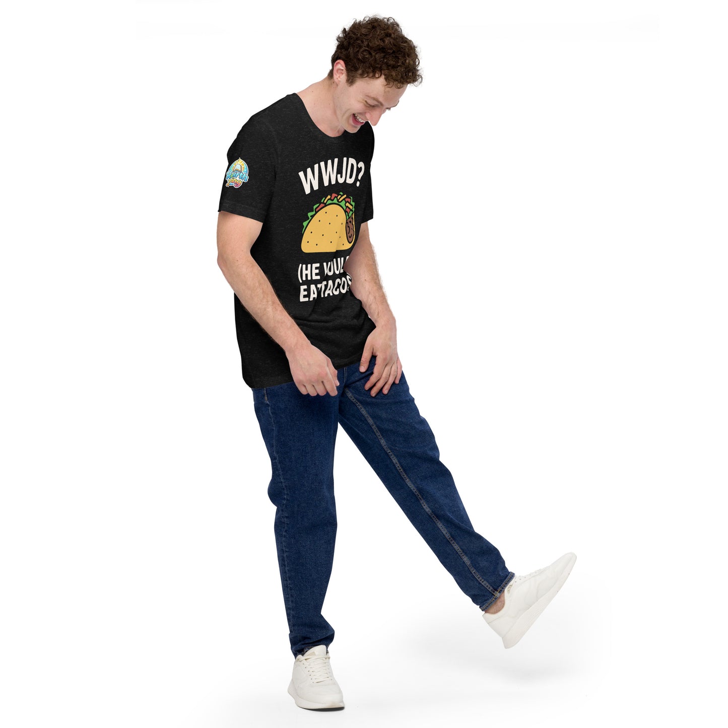 WWJD? (He Would Eat Tacos) – funny Christian t-shirt, heather black, with humorous faith-based design by ReBirth Living