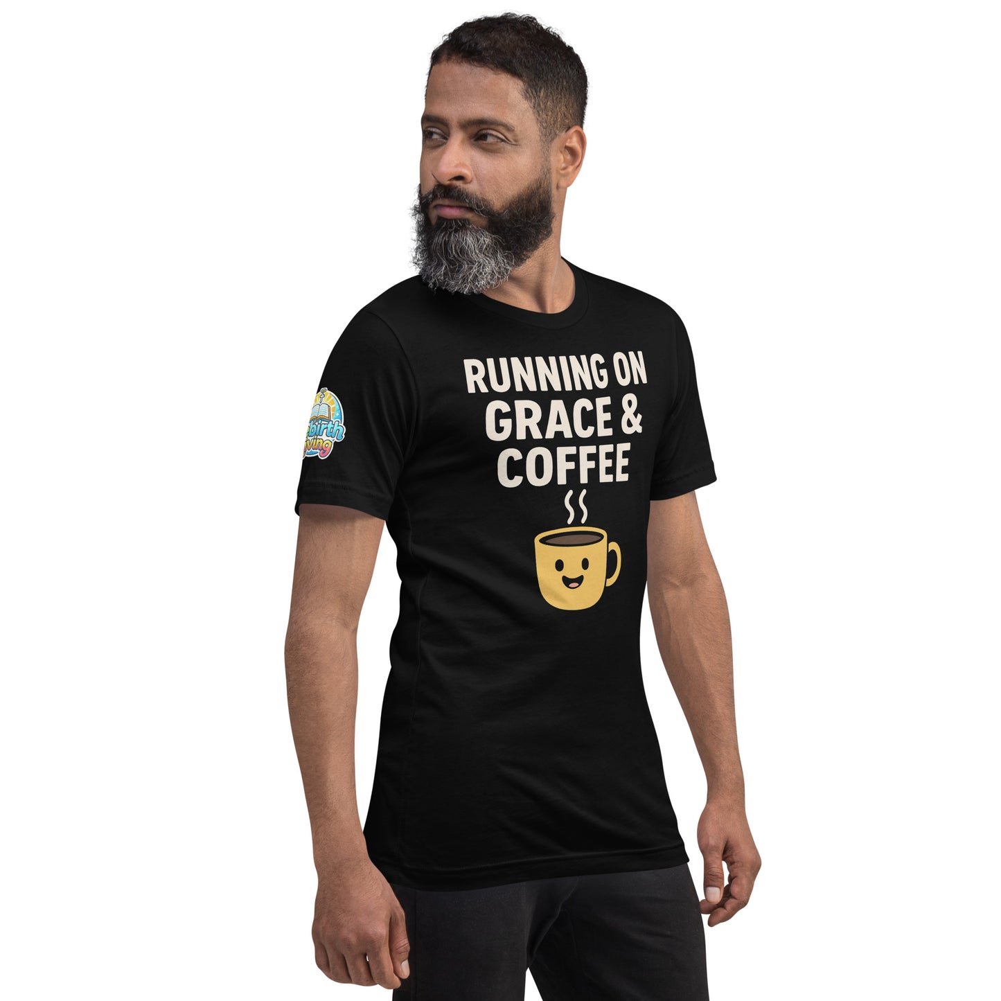 Running on Grace & Coffee – funny Christian t-shirt, black, faith-based humor design by ReBirth Living