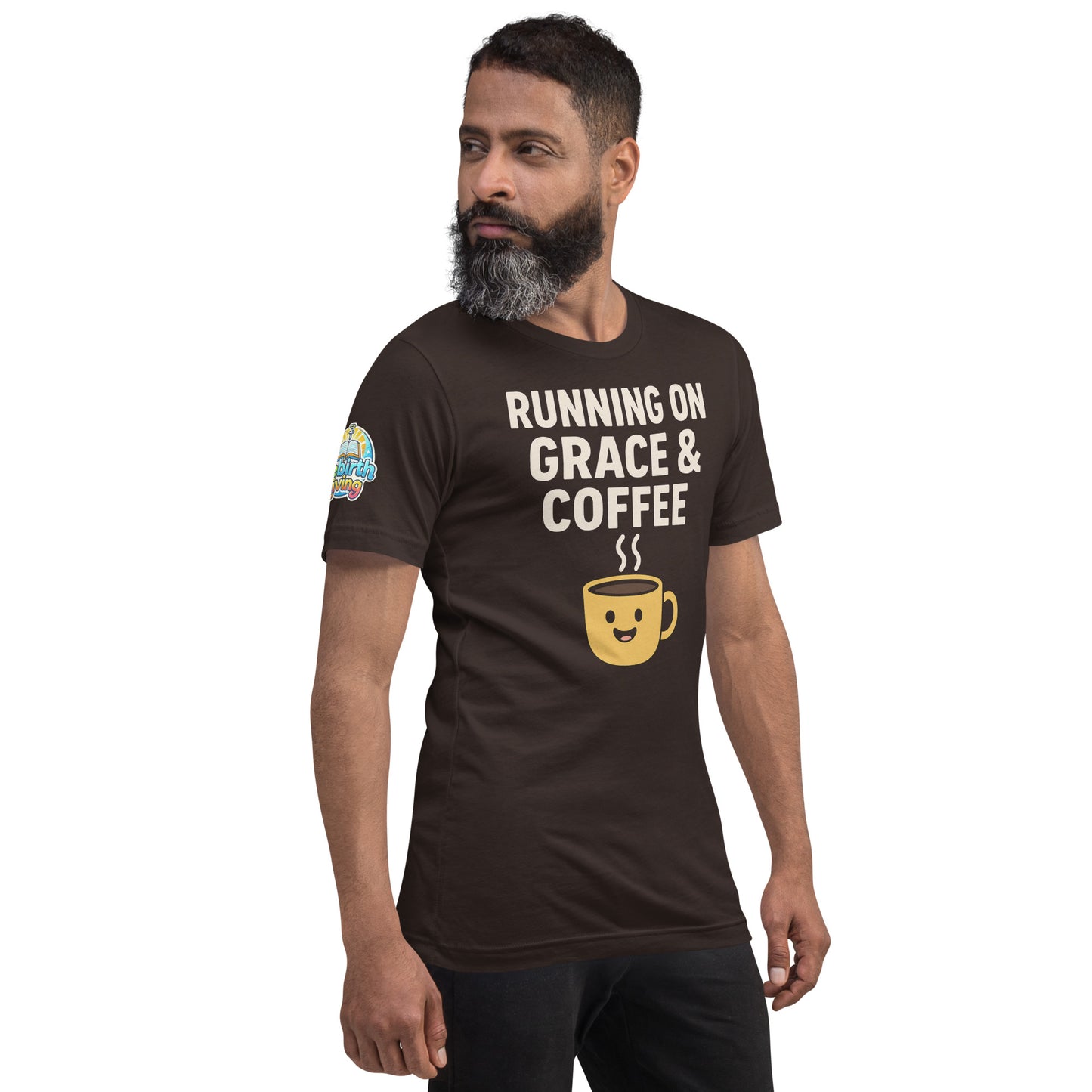 Running on Grace & Coffee – funny Christian t-shirt, brown, faith-based humor design with a smiling coffee mug by ReBirth Living