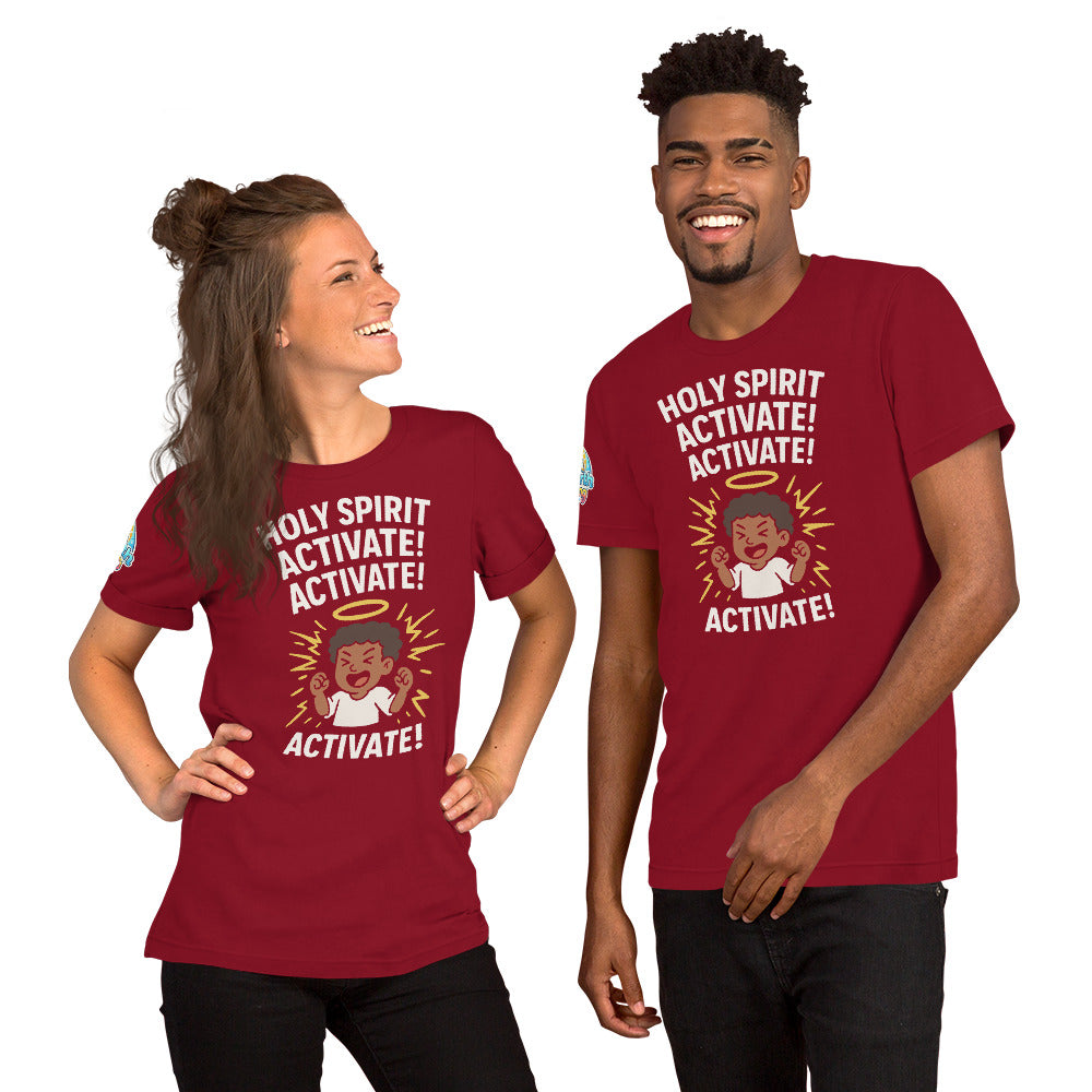 Models showcasing the Holy Spirit Activate! Activate! – funny Christian t-shirt, cardinal, brown skin character design by ReBirth Living