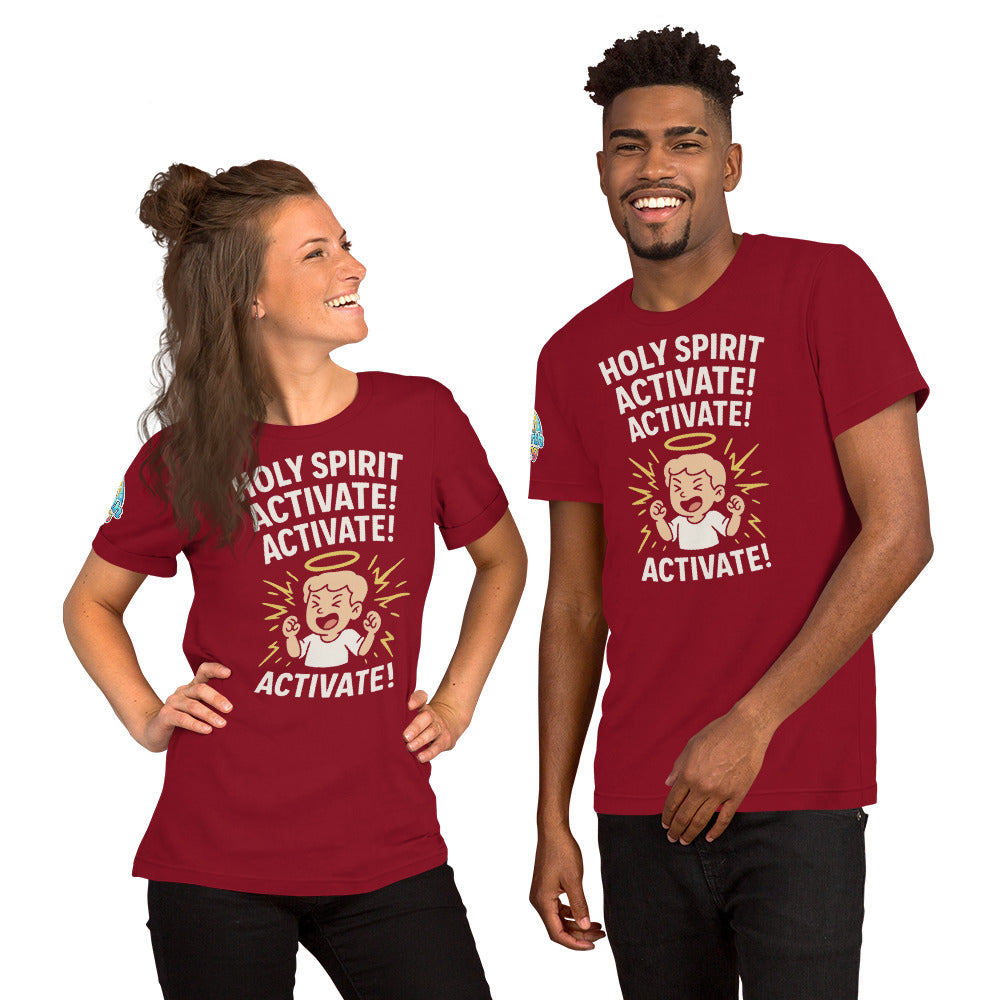 Models showcasing the Holy Spirit Activate! Activate! – funny Christian t-shirt, cardinal, light skin character design by ReBirth Living