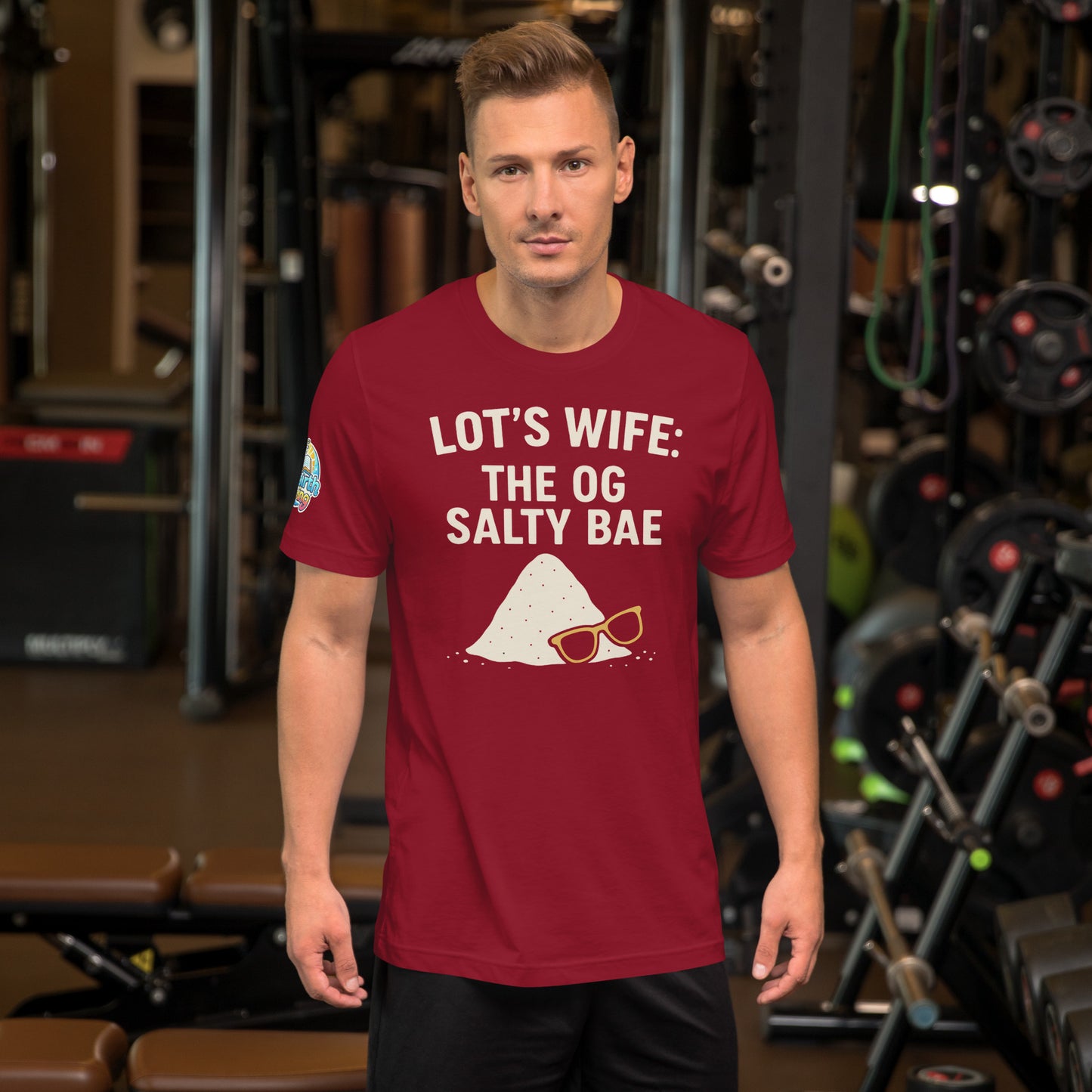 Model waring a Lot's Wife The OG Salty Bae – funny Christian t-shirt, cardinal, Bible humor design by ReBirth Living in a gym setting.