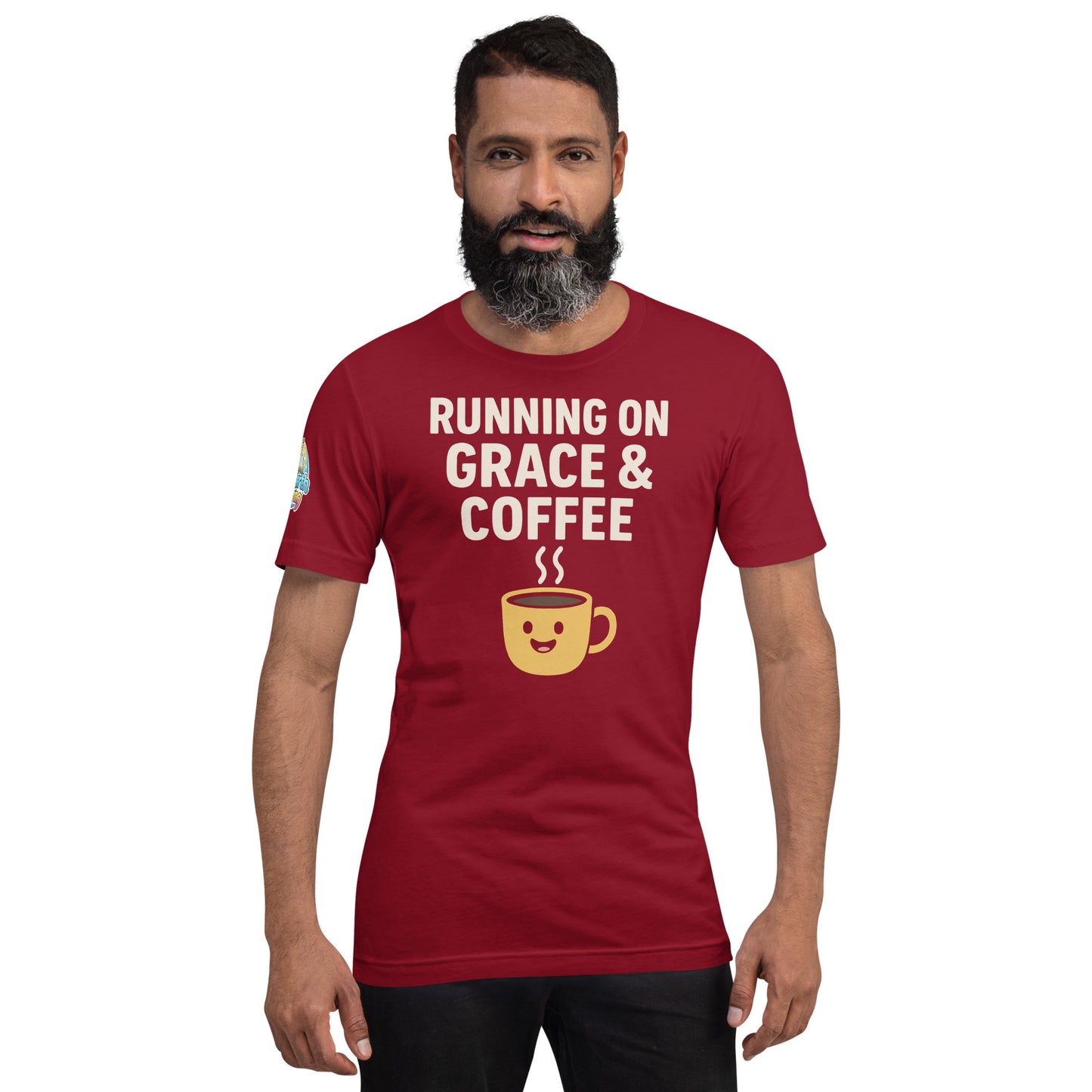 Running on Grace & Coffee – funny Christian t-shirt, cardinal, faith-based humor design with a smiling coffee mug by ReBirth Living