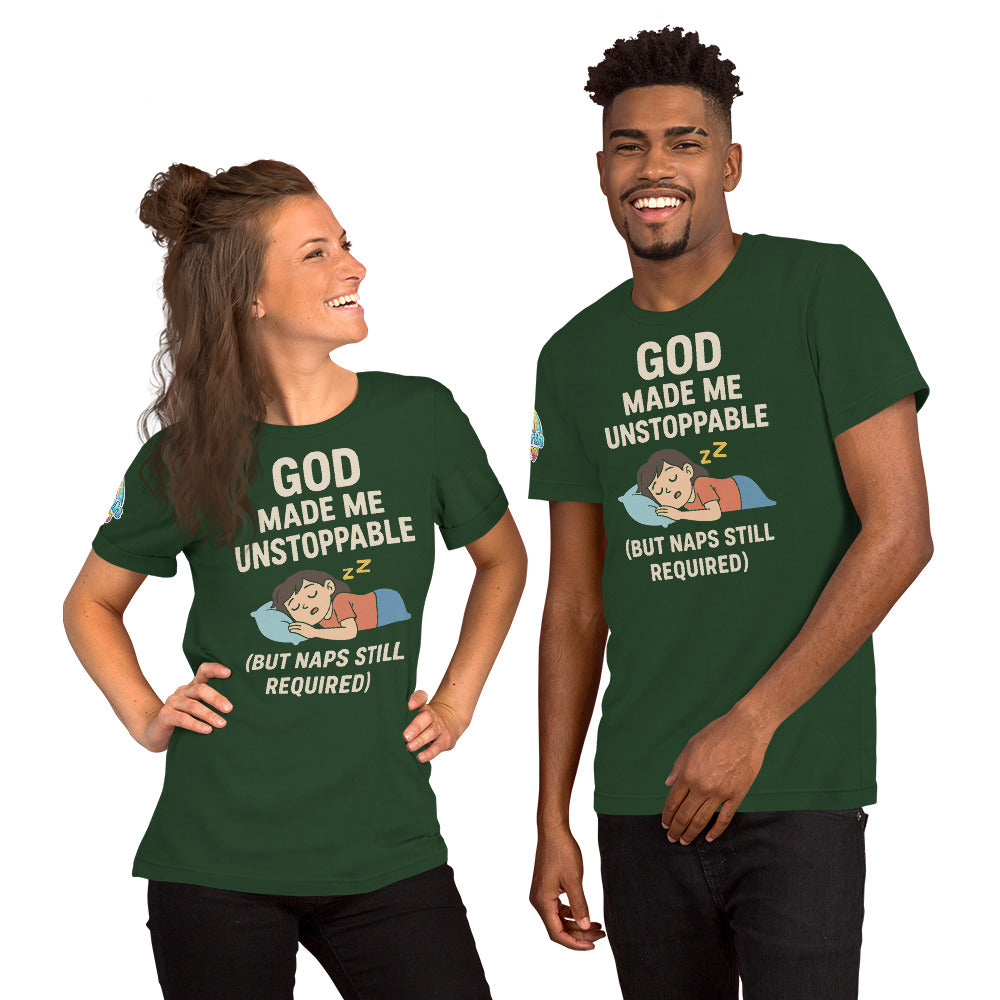 God Made Me Unstoppable (But Naps Still Required) – funny Christian t-shirt, forest, light skin character design by ReBirth Living