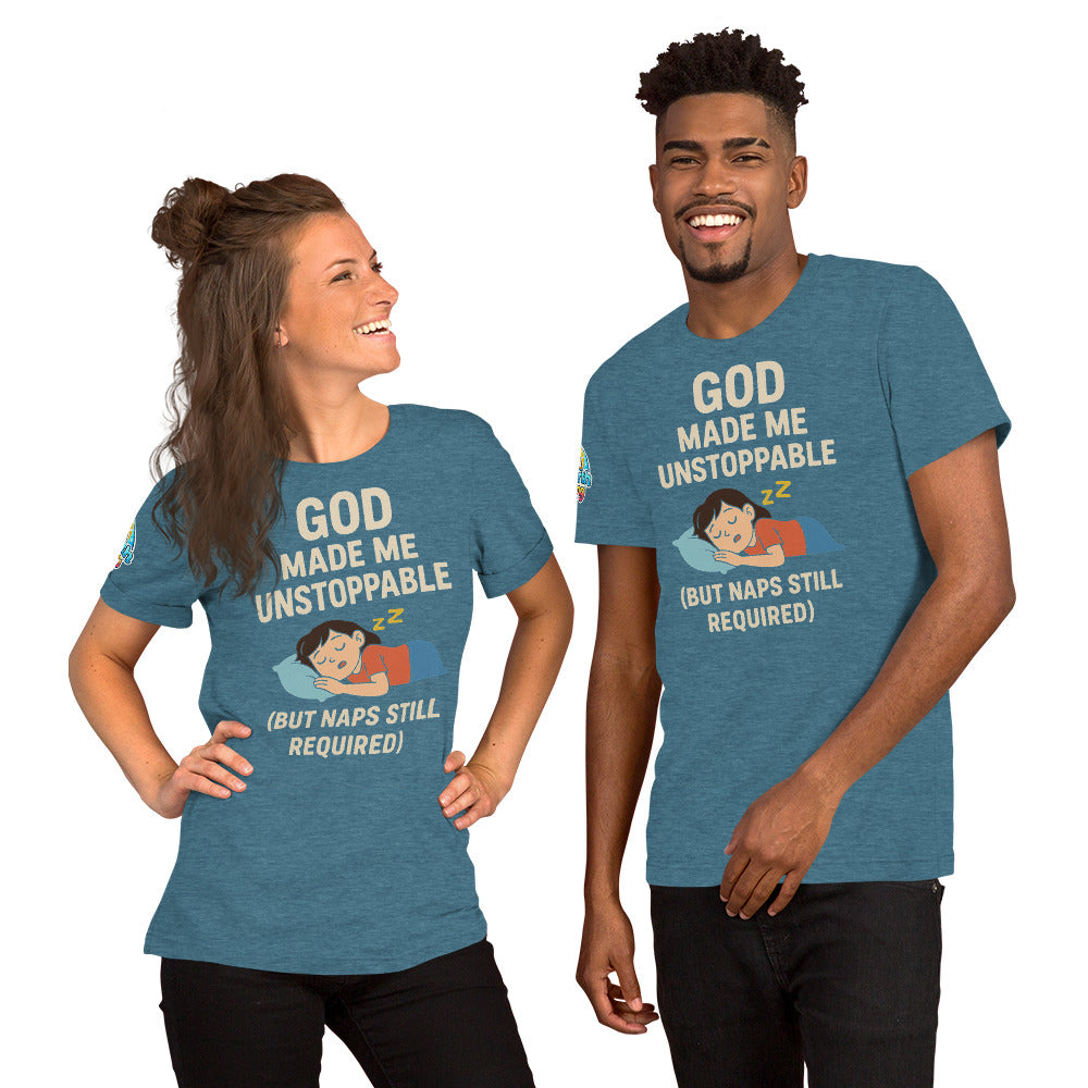 God Made Me Unstoppable (But Naps Still Required) – funny Christian t-shirt, heather deep teal, light skin character design by ReBirth Living