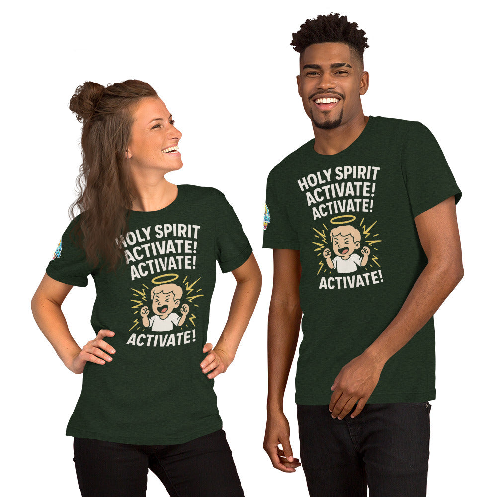 Models showcasing the Holy Spirit Activate! Activate! – funny Christian t-shirt, heather emerald, light skin character design by ReBirth Living