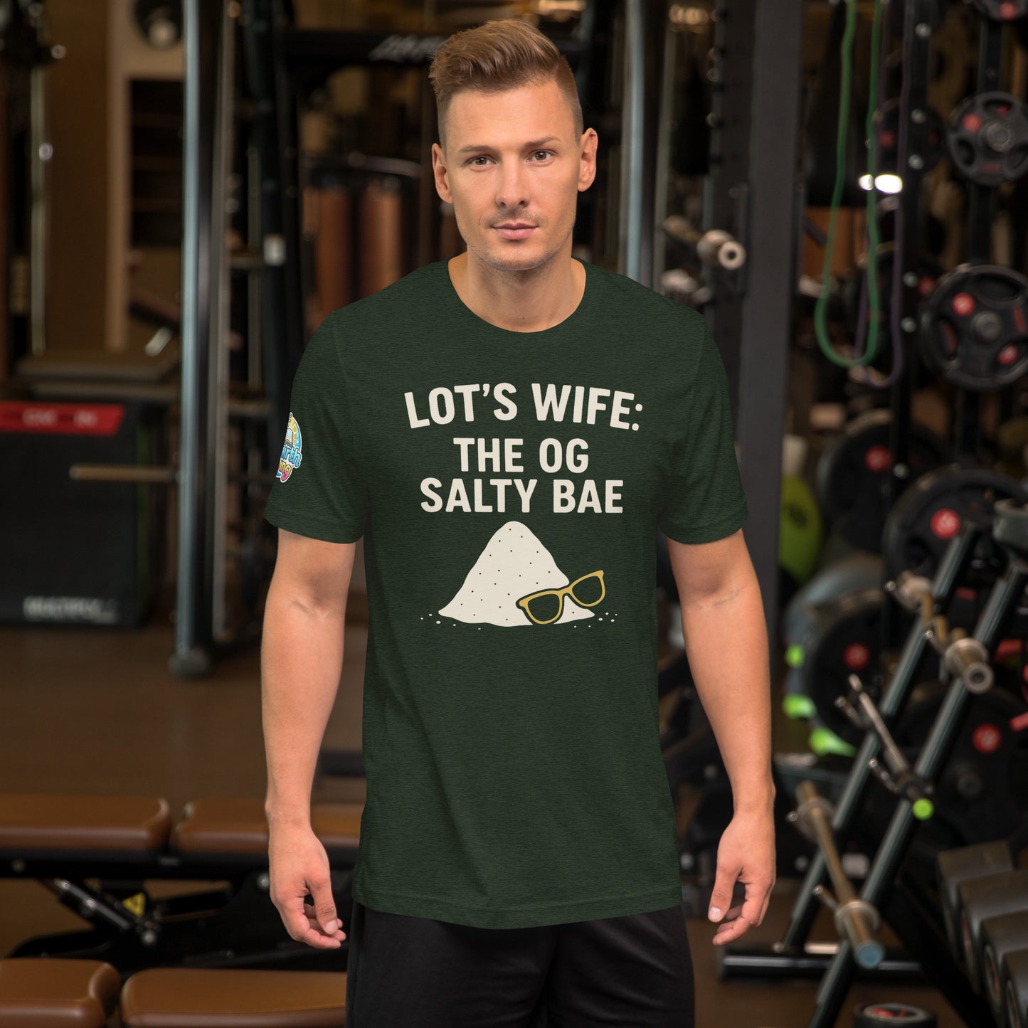 Model waring a Lot's Wife The OG Salty Bae – funny Christian t-shirt, heather emerald, Bible humor design by ReBirth Living in a gym setting.