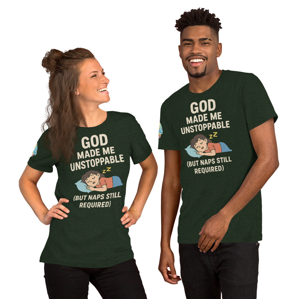God Made Me Unstoppable (But Naps Still Required) – funny Christian t-shirt, heather emerald, light skin character design by ReBirth Living