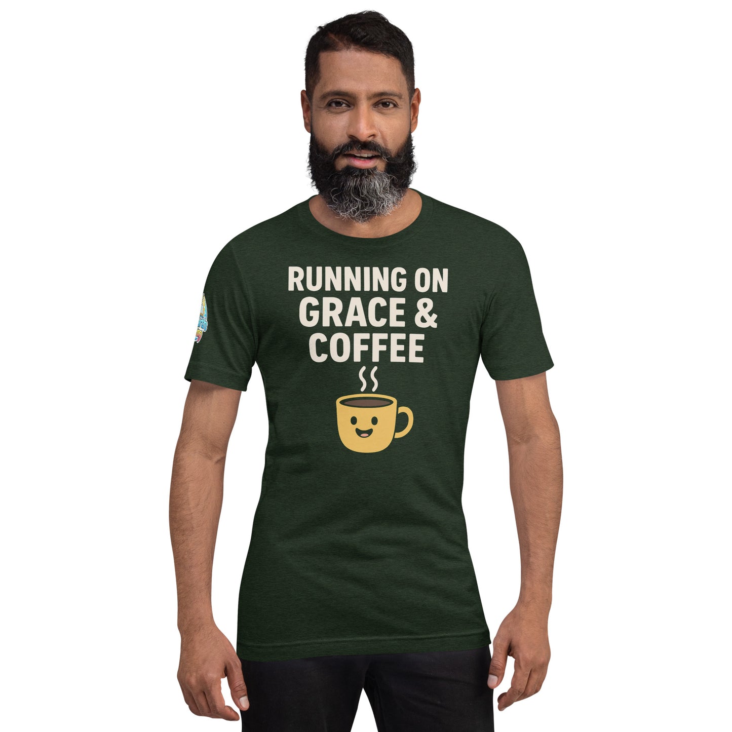 Running on Grace & Coffee – funny Christian t-shirt, heather emerald, faith-based humor design with a smiling coffee mug by ReBirth Living